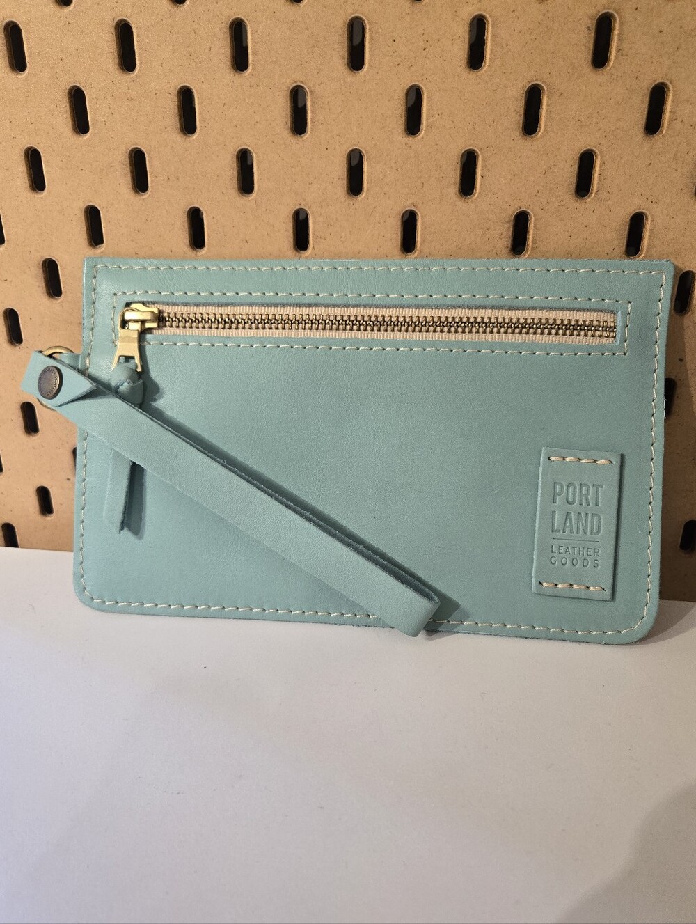 Portland Leather Goods Adriana Wristlet Zip Pouch Wallet Clutch Blue/Mint/Teal
